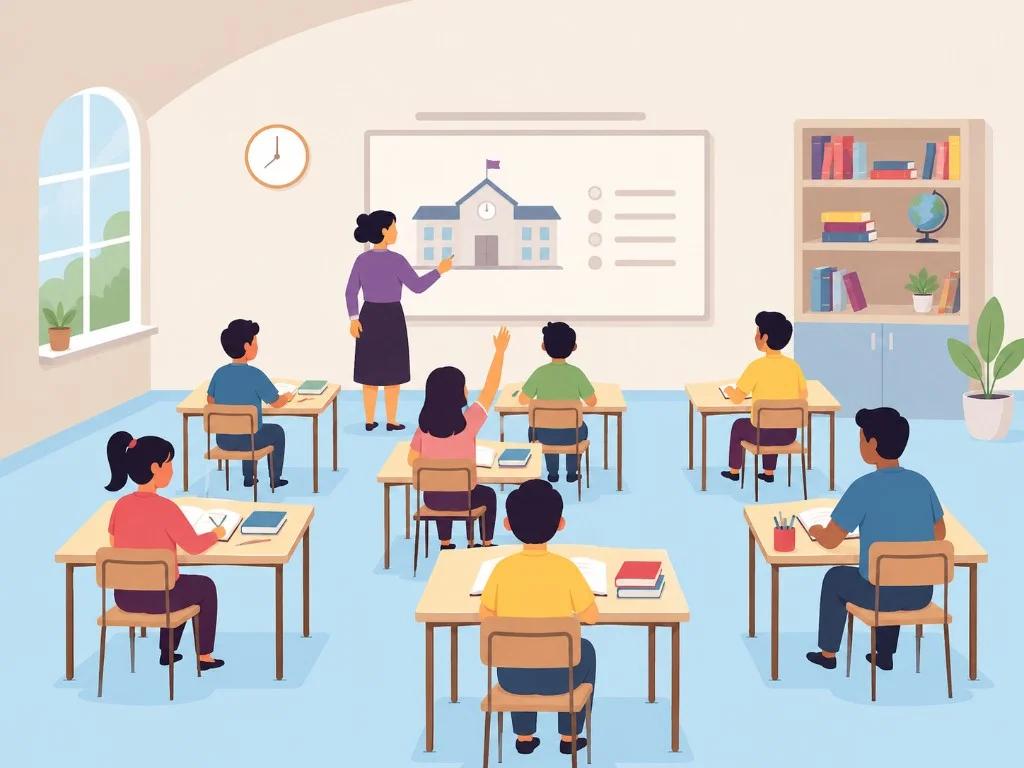 Classroom illustration โ teacher and students in a modern school